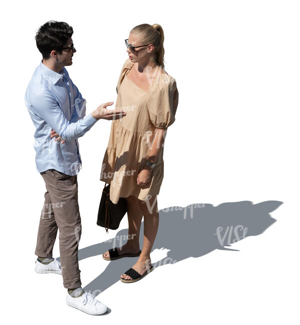 cut out man and woman standing and talking seen from above