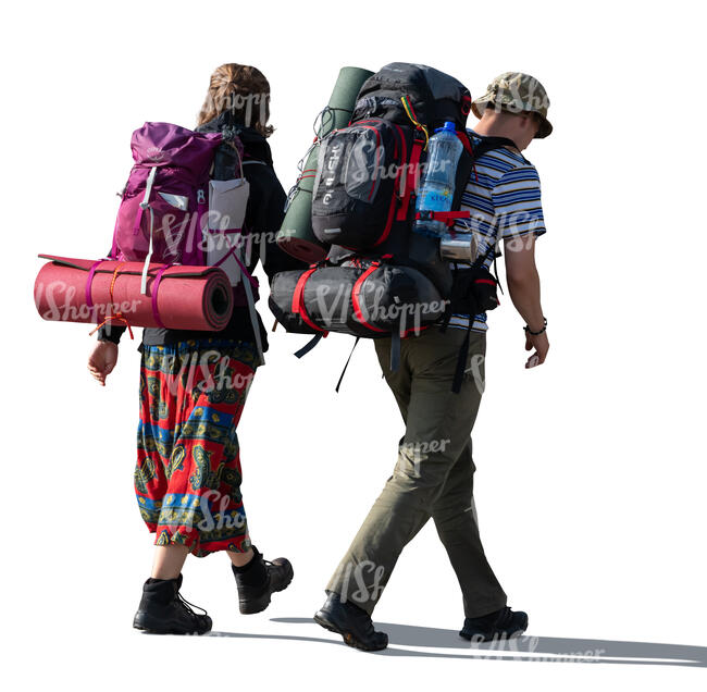 two cut out people with big hiking bags walking