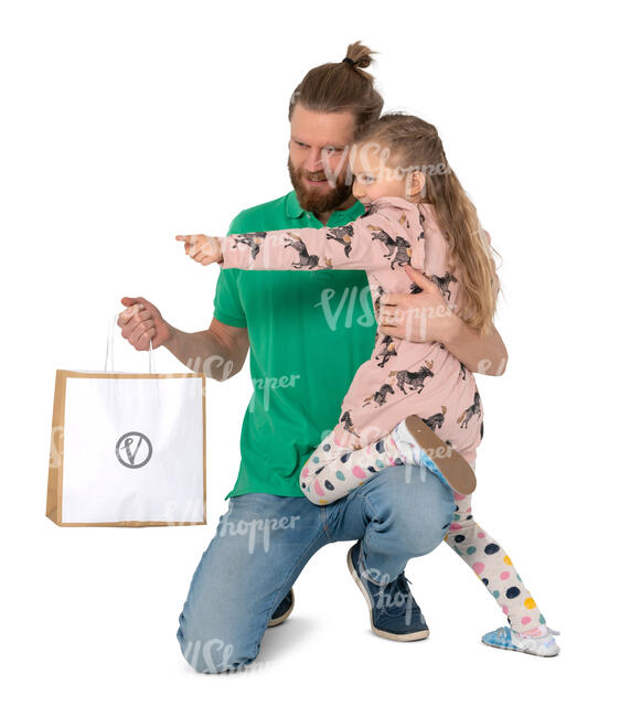 girl and her father squatting and looking at smth
