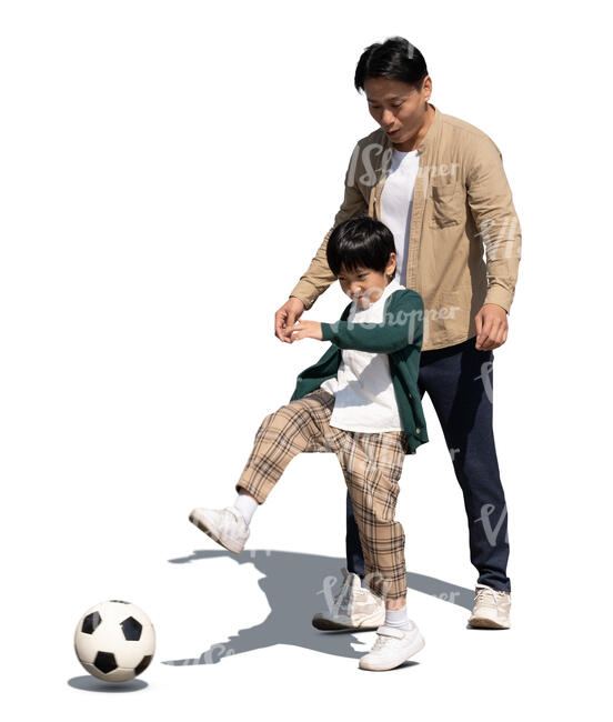 cut out asian man playing football with his son