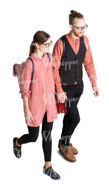 cut out couple walking hand in hand seen from above