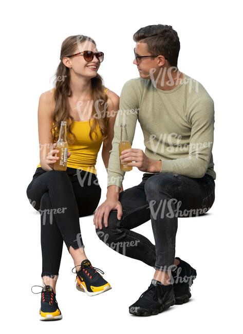 cut out man and woman sitting and drinking soft drinks