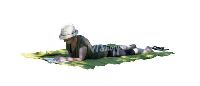 cut out woman lying in tree shade and reading