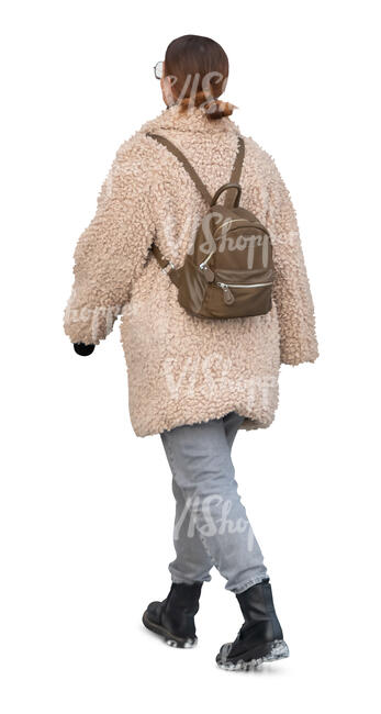 cut out woman in a teddy coat walking