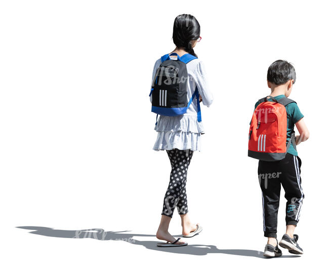 two cut out asian kids walking