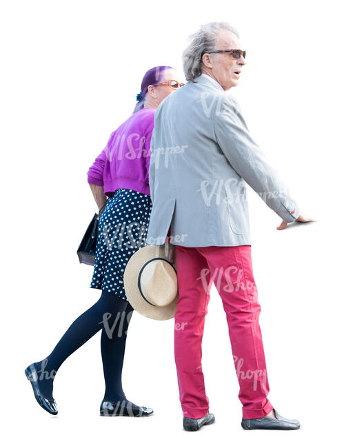cut out elderly man and woman looking over a balcony railing