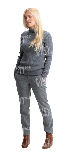 cut out young woman in a grey outfit standing