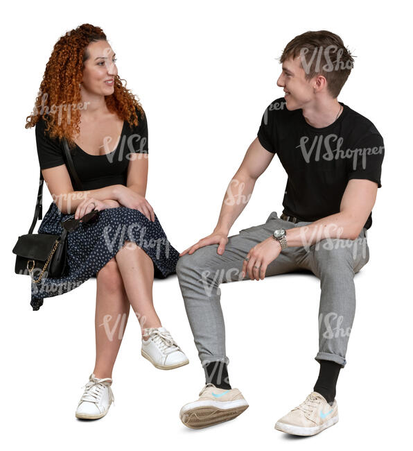 cut out man and woman sitting and talking happily