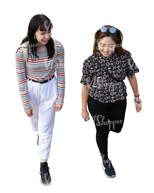 two cut out young women walking and smiling