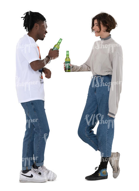 cut out man and woman standing at the bar counter and drinking beer