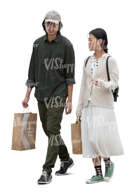 cut out asian man and woman with shopping bags walking and talking