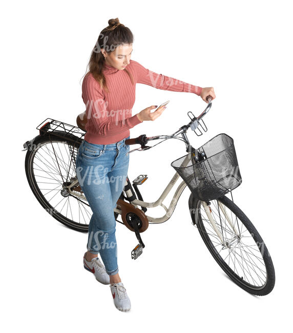 cut out woman with a bicycle standing seen from above