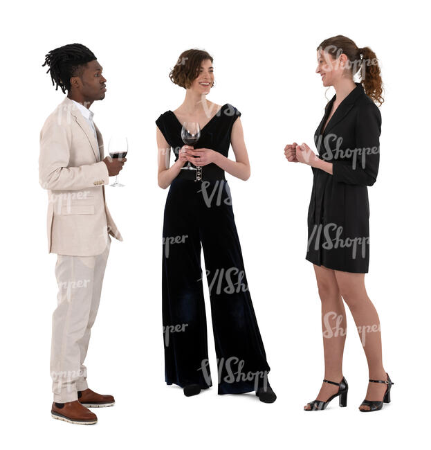 cut out man and two women at a party standing and drinking wine