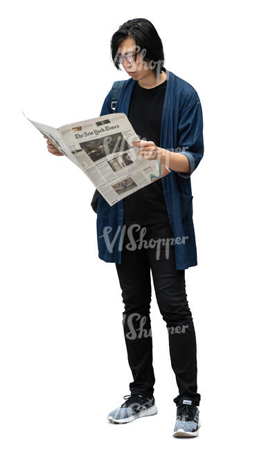 cut out asian man standing and reading a newspaper