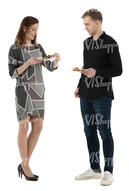 cut out man and woman standing in a buffet and eating and talking