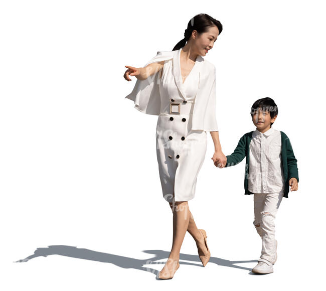 cut out chinese mother and son walking on a sunny summer day