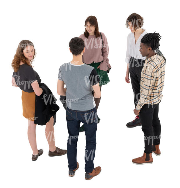 cut out group of five trendy young people standing and talking