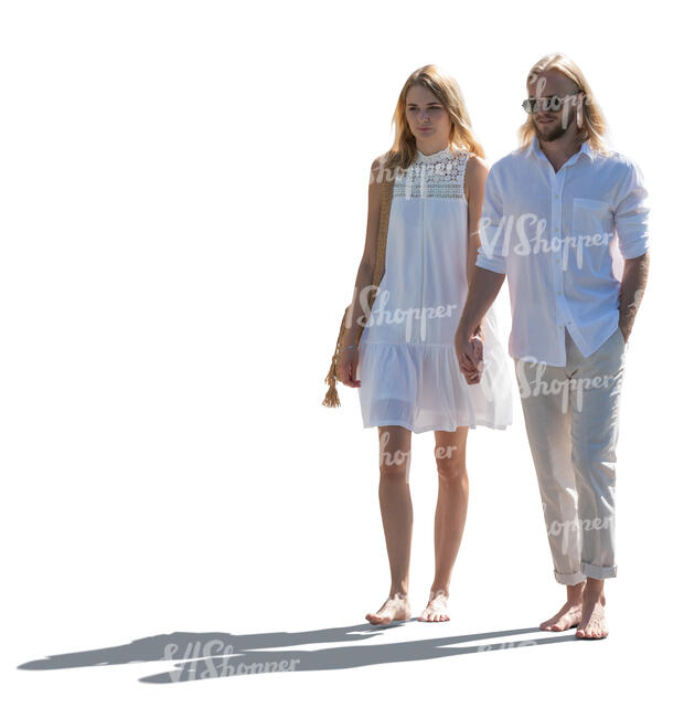 cut out backlit couple in white resort clothes walking