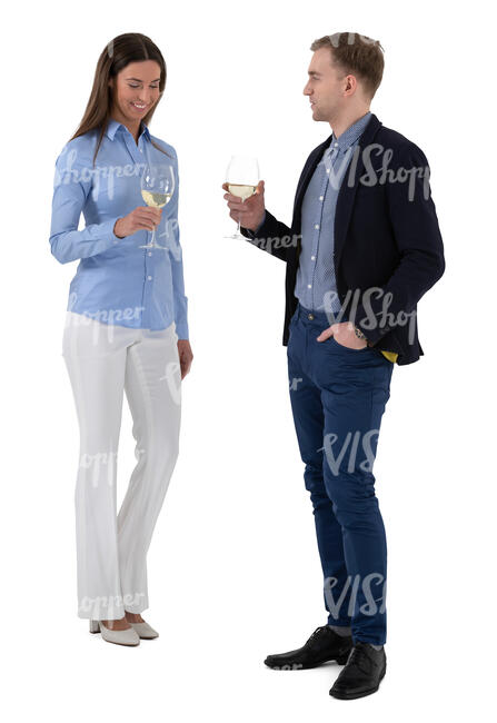 cut out man and woman standing and drinking wine at a social event