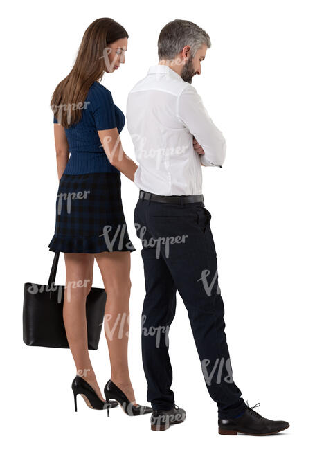 cut out man and woman standing and looking down