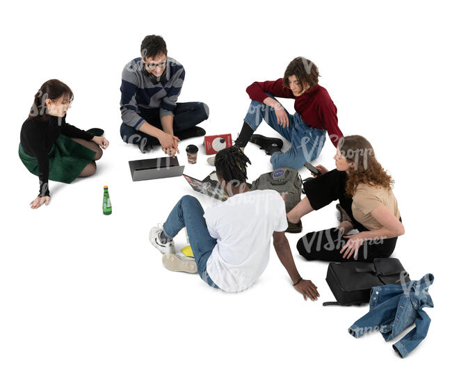cut out group of college student sitting on the gorund and studying