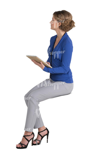 cut out woman with a tablet sitting and looking up