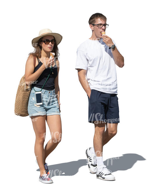 cut out woman and man walking and eating ice cream