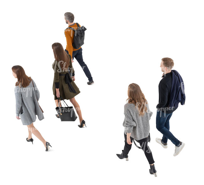 cut out group of five people walking seen from above