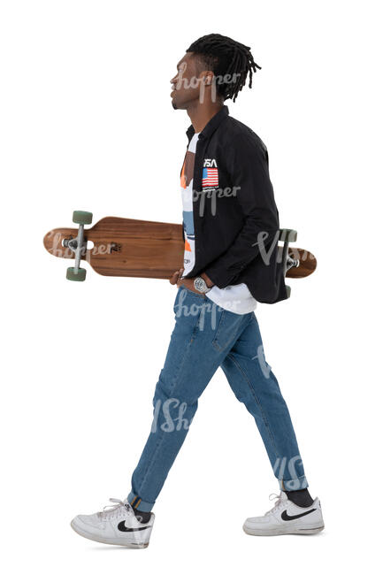 cut out young black man with a skateboard walking