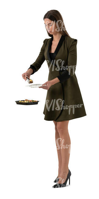 cut out woman standing at a buffet table and taking herself some food