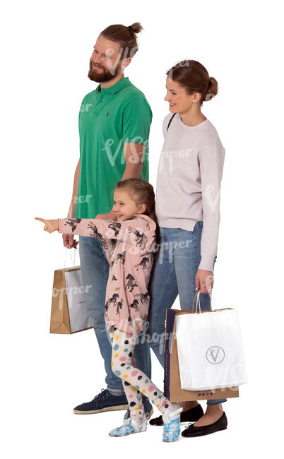 cut out family with shopping bags standing and pointing at smth