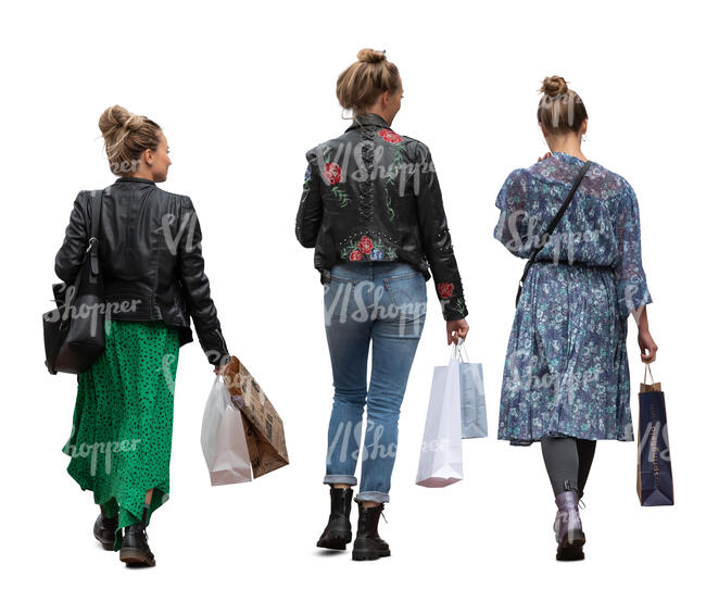 three cut out women with shopping bags walking
