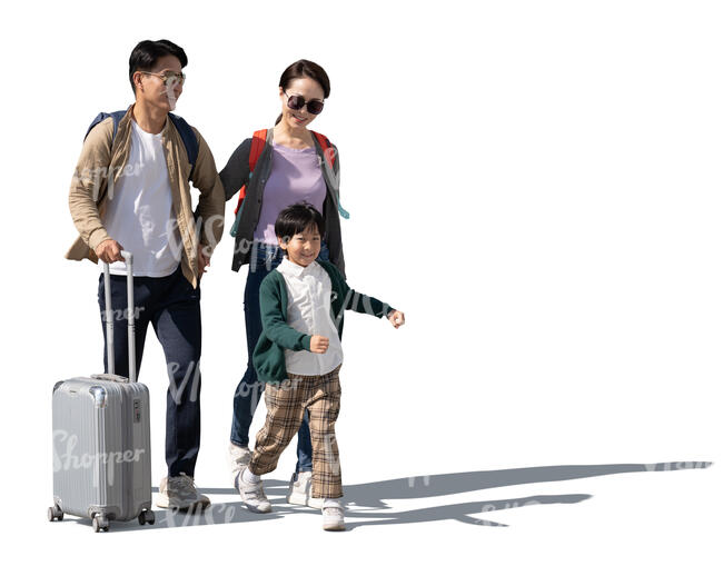 cut out asian family with travel bags walking