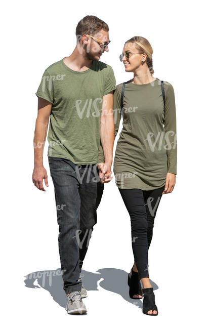 cut out couple in matching outfits walking