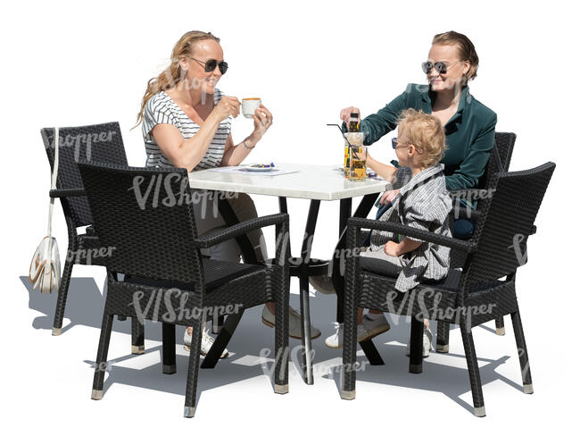 two women and a little boy sitting in a cafe