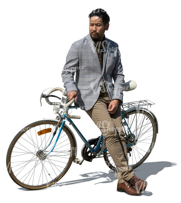 cut out japanese man standing and leaning against his bike