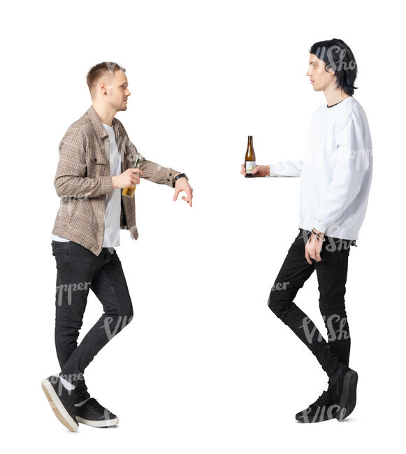 two cut out young men standig at a bar and drinking beer