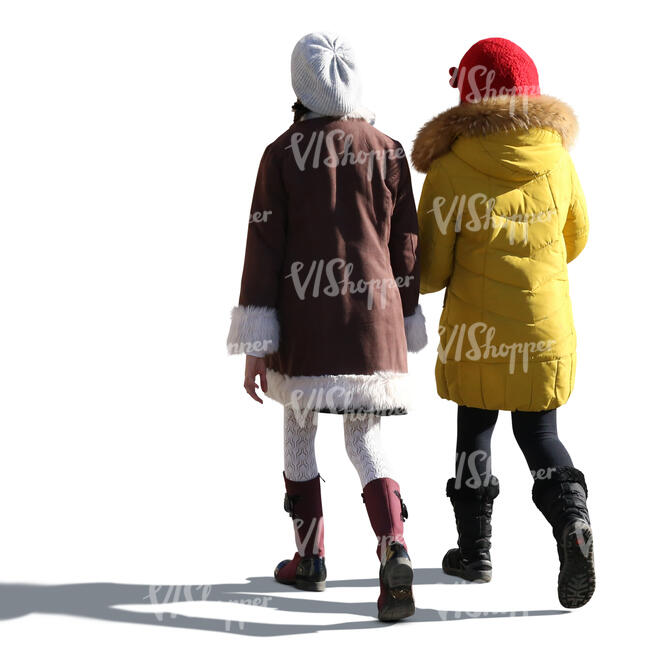 two cut out girls in winter coats walking