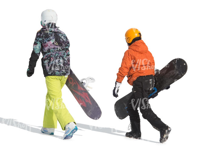 two people with snowboards walking