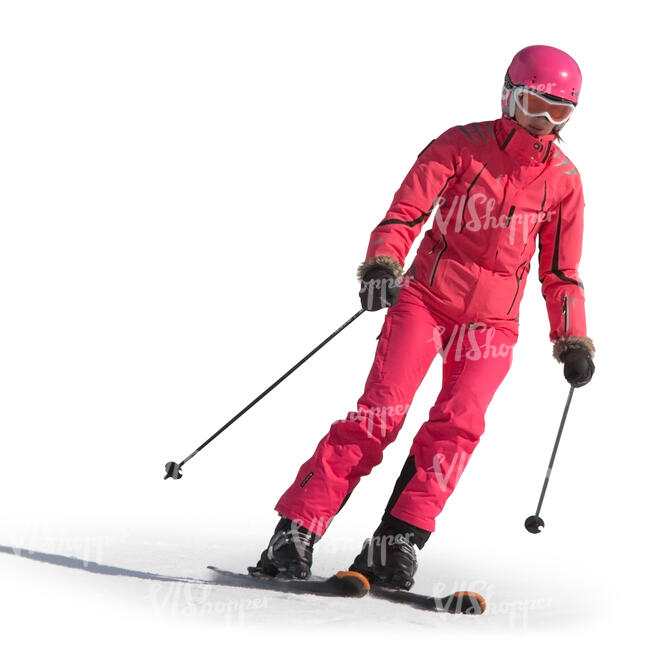 cut out woman in a pink winter costume skiing down the hill