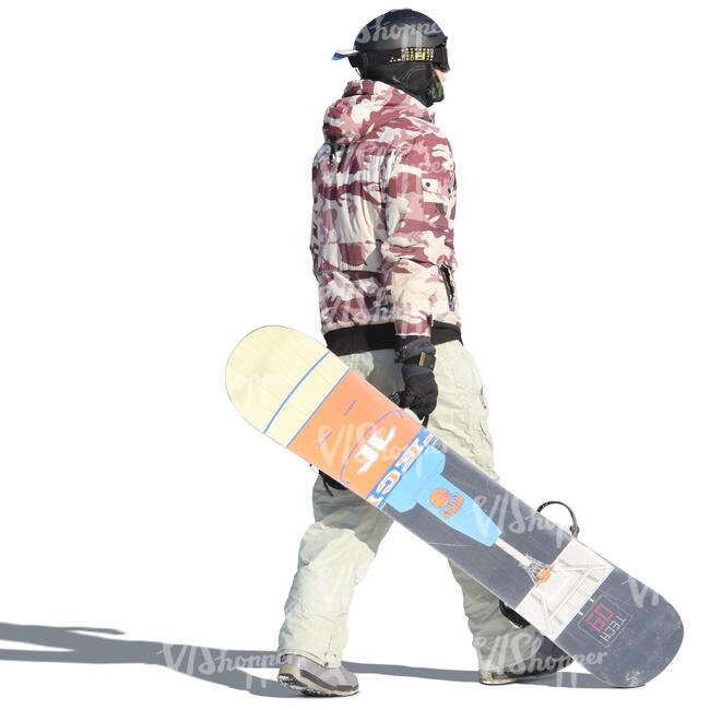 young man walking and carrying a snowboard