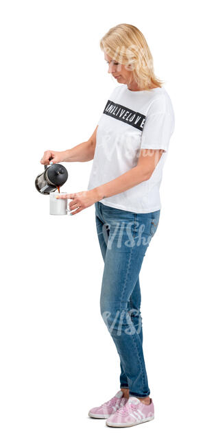 cut out woman standing and pouring herself coffee
