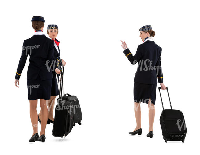 three cut out flight attendants walking