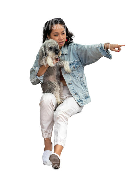 cut out woman with a dog sitting and pointing at smth