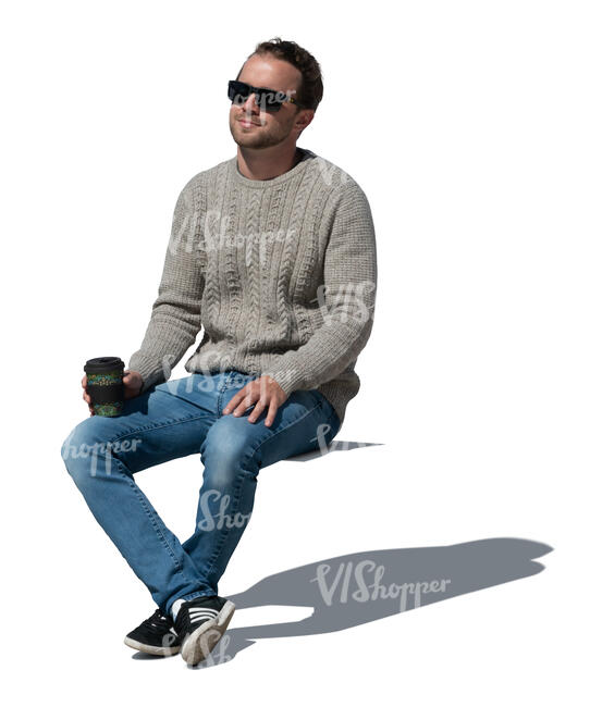 cut out man sitting in the sun and drinking coffee