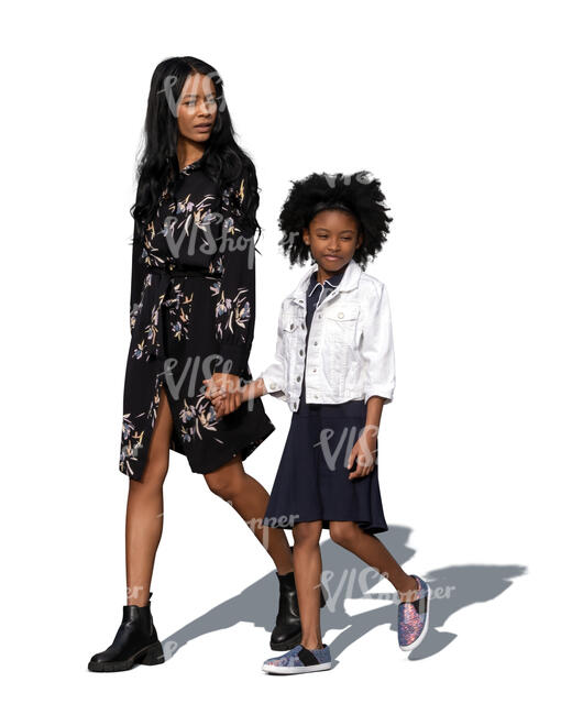cut out black woman walking hand in hand with her daughter