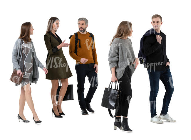 cut out group of five adults walking and talking