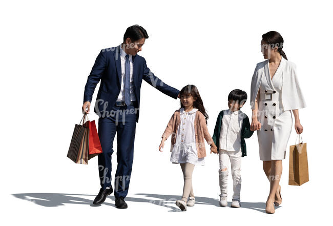 cut out asian family with two kids and shoppping bags walking