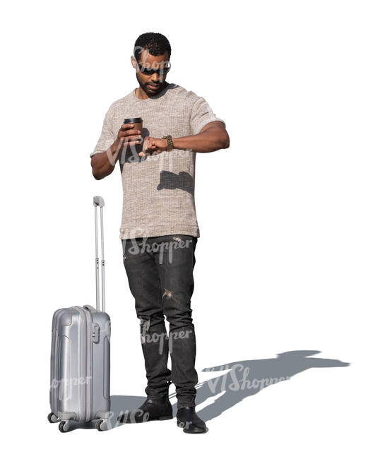 cut out man with a suitcase standing and looking at his watch