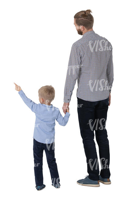 cut out father and son standing hand in hand and looking at smth